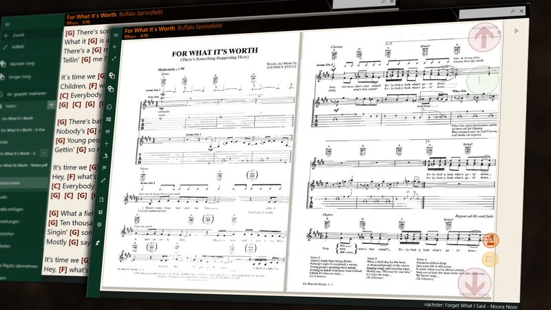 SongRepertoire unter Windows: Notenblatt und Akkordblatt eines Songs nebeneinander